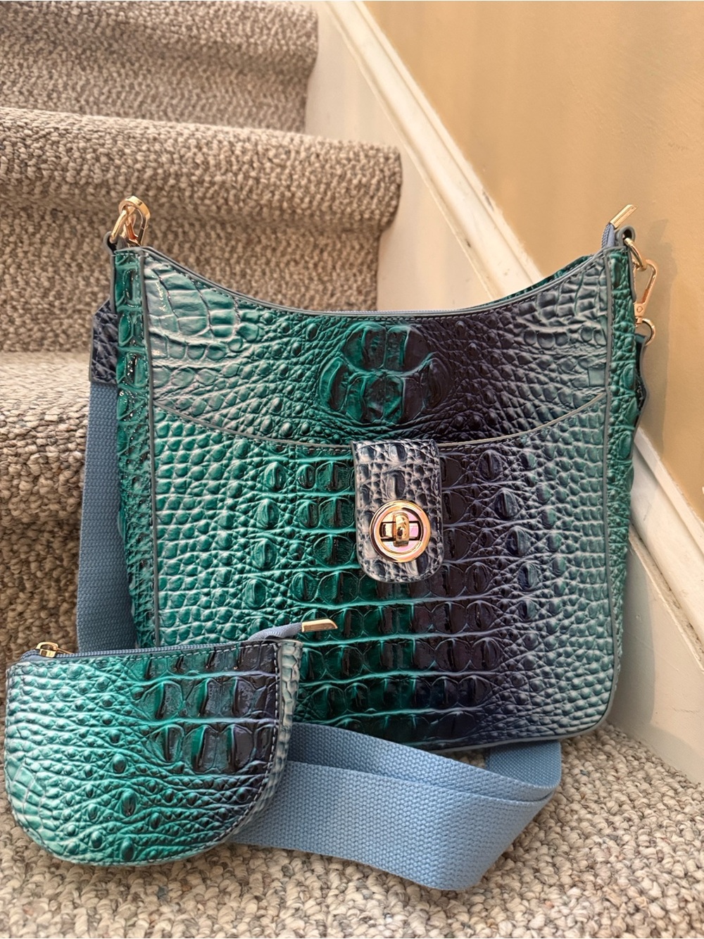 Green-Blue Croc-Embossed Shoulder Bag with Coin Pouch